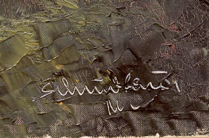 Silver Silvia Lener cursive signature on back of H. Schumacher oil painting canvas
