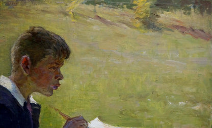 Oil painting by Pevlotsky Leonid: young boy in profile with pencil in park