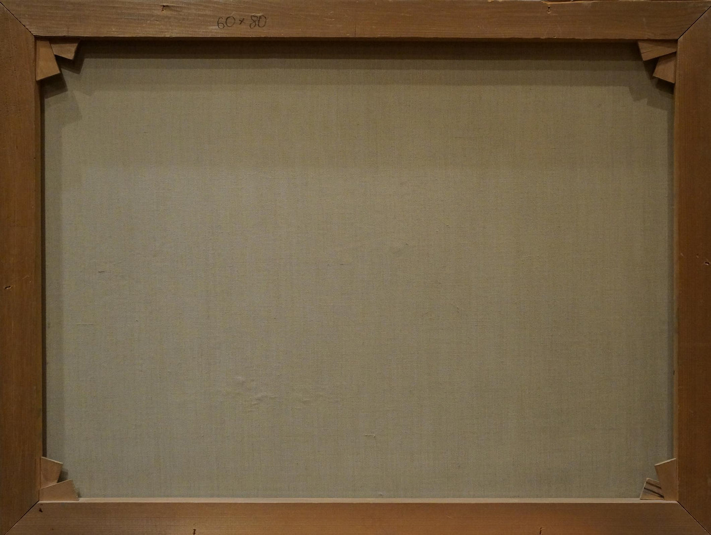 Back of Shore landscape oil painting by H. Schumacher, beige backing, brown frame