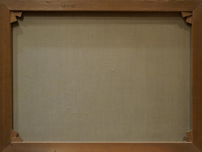 Back of Shore landscape oil painting by H. Schumacher, beige backing, brown frame