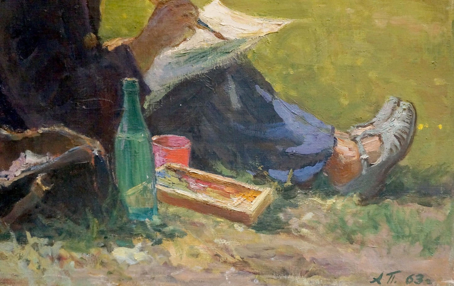 Oil painting In the park Pevlotsky Leonid: translucent green glass bottle on grass