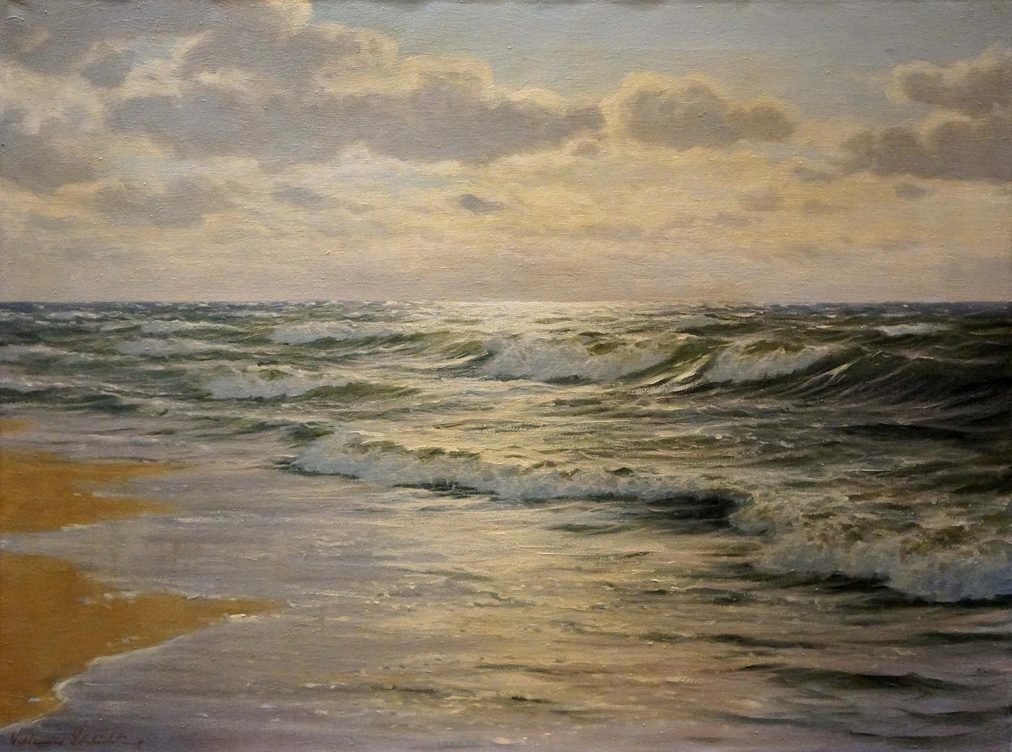 Oil painting The waves by Waldemar Schlichting: serene green waves on golden shore