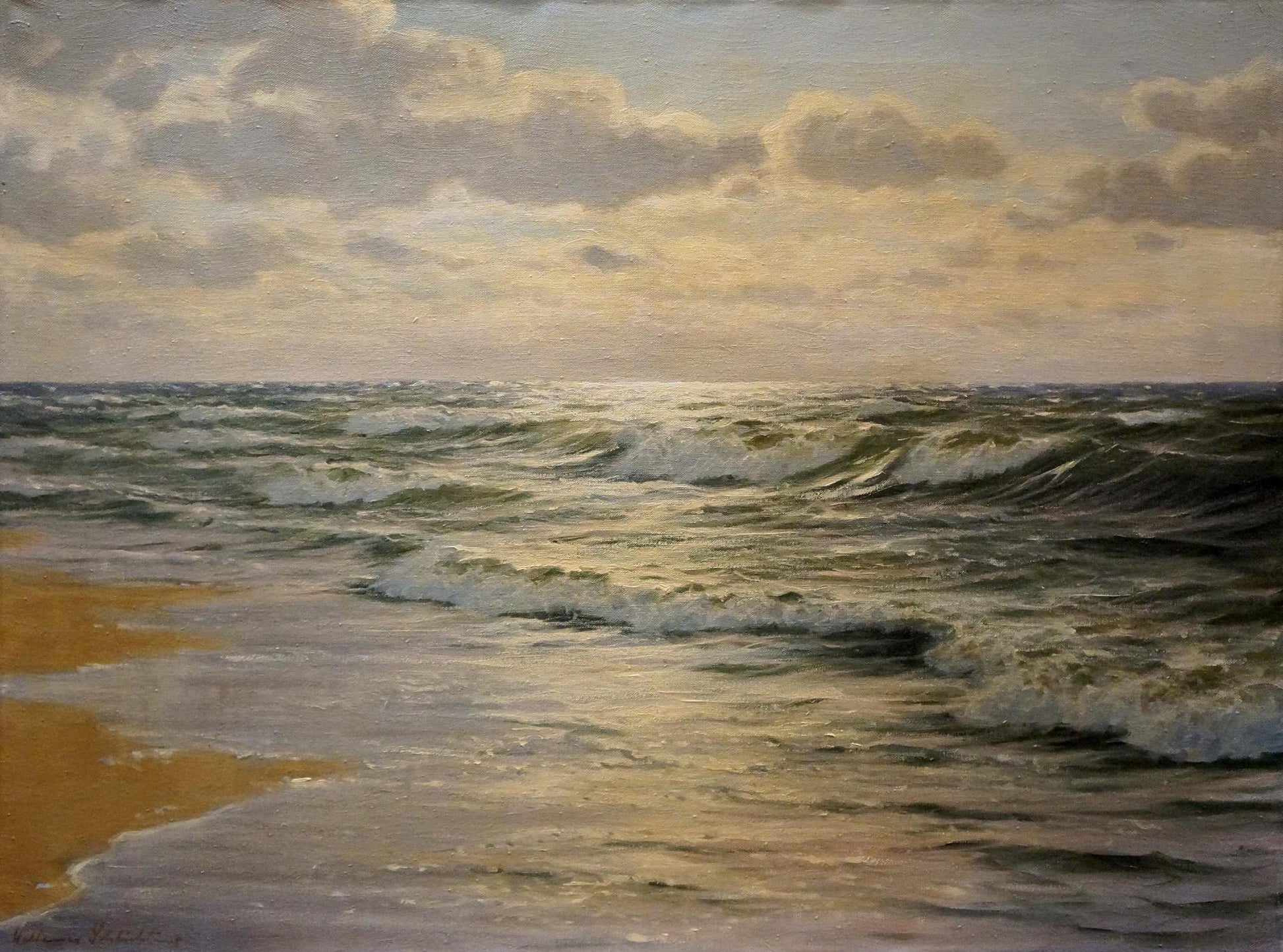 Oil painting The waves by Waldemar Schlichting: serene green waves on golden shore