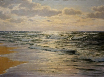 Oil painting The waves by Waldemar Schlichting: serene green waves on golden shore
