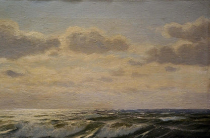 Oil painting The Waves by Waldemar Schlichting: turbulent sea in blues and grays