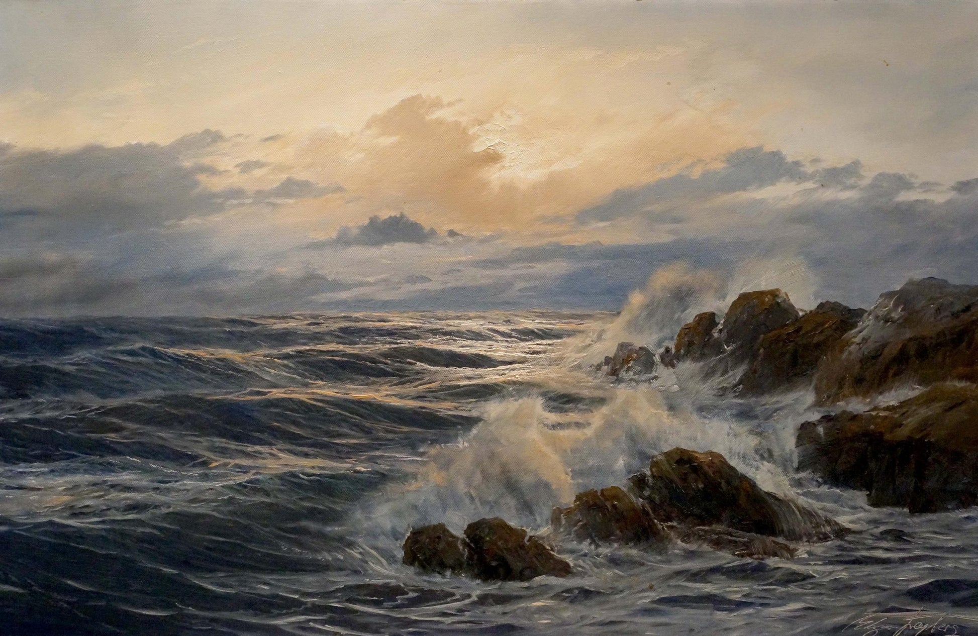 Dramatic oil painting Sea Breeze by Freyberg Edgar: turbulent waves on rocks