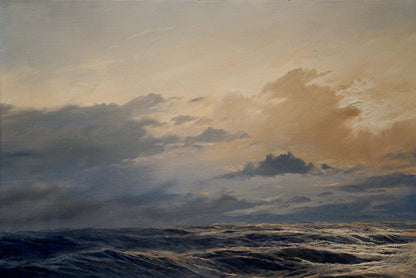Oil painting Sea Breeze by Freyberg Edgar: turbulent dark blue waves under golden clouds