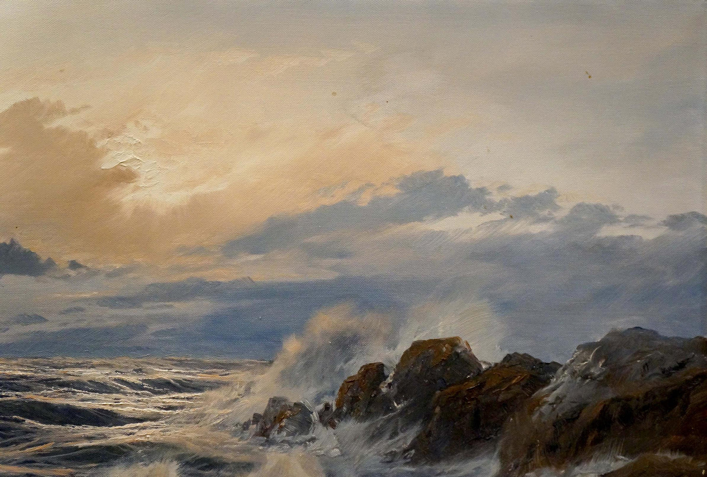Oil painting Sea Breeze by Freyberg Edgar: stormy waves crashing on rocks