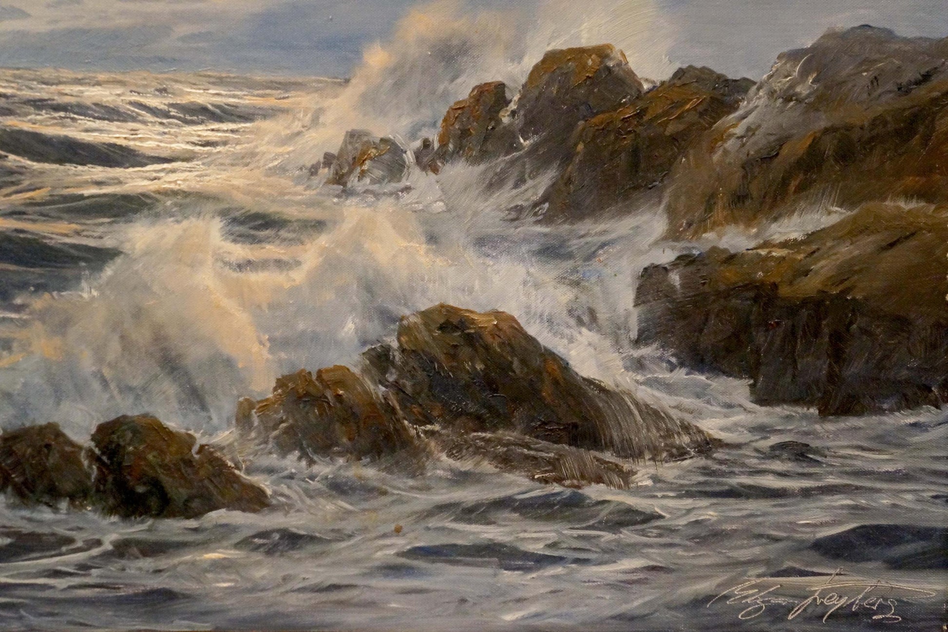 Oil painting Sea Breeze by Freyberg Edgar: crashing waves on mossy rocks