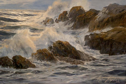 Oil painting Sea Breeze by Freyberg Edgar: crashing waves on mossy rocks
