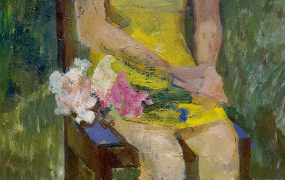 Vibrant yellow dress in oil painting portrait by Zhabinsky Leonid Andreevich