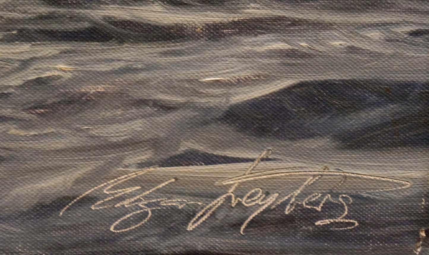 Textured dark gray oil painting of turbulent ocean waves by Freyberg Edgar