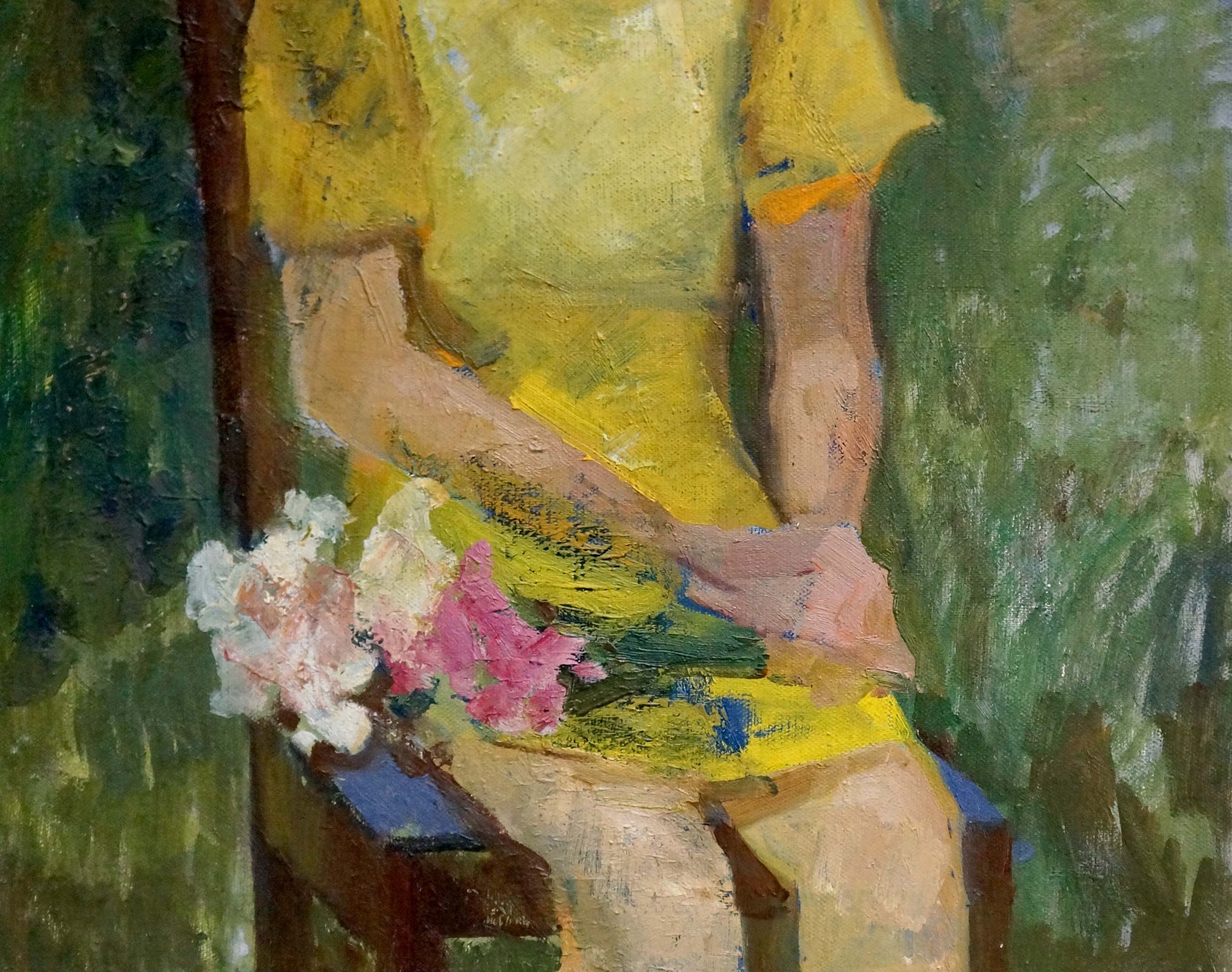 Oil painting portrait of daughter in vibrant yellow textured dress by Zhabinsky Leonid Andreevich