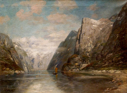 Serene oil painting Far away Bjorensen O. of narrow fjord and snowy mountains