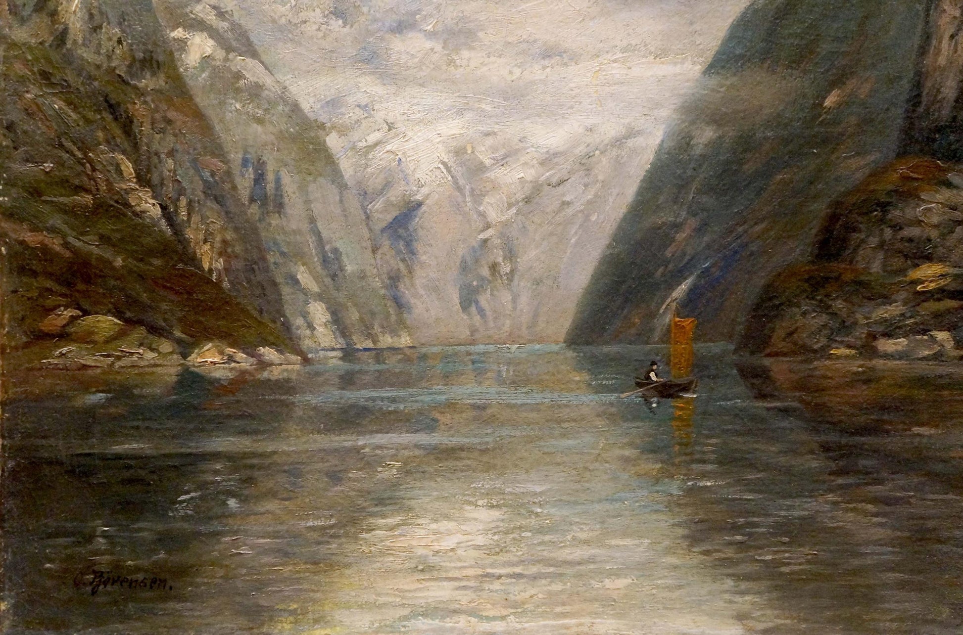 Serene oil painting Far Away Bjorensen O: lone boat with orange sail amid misty mountains