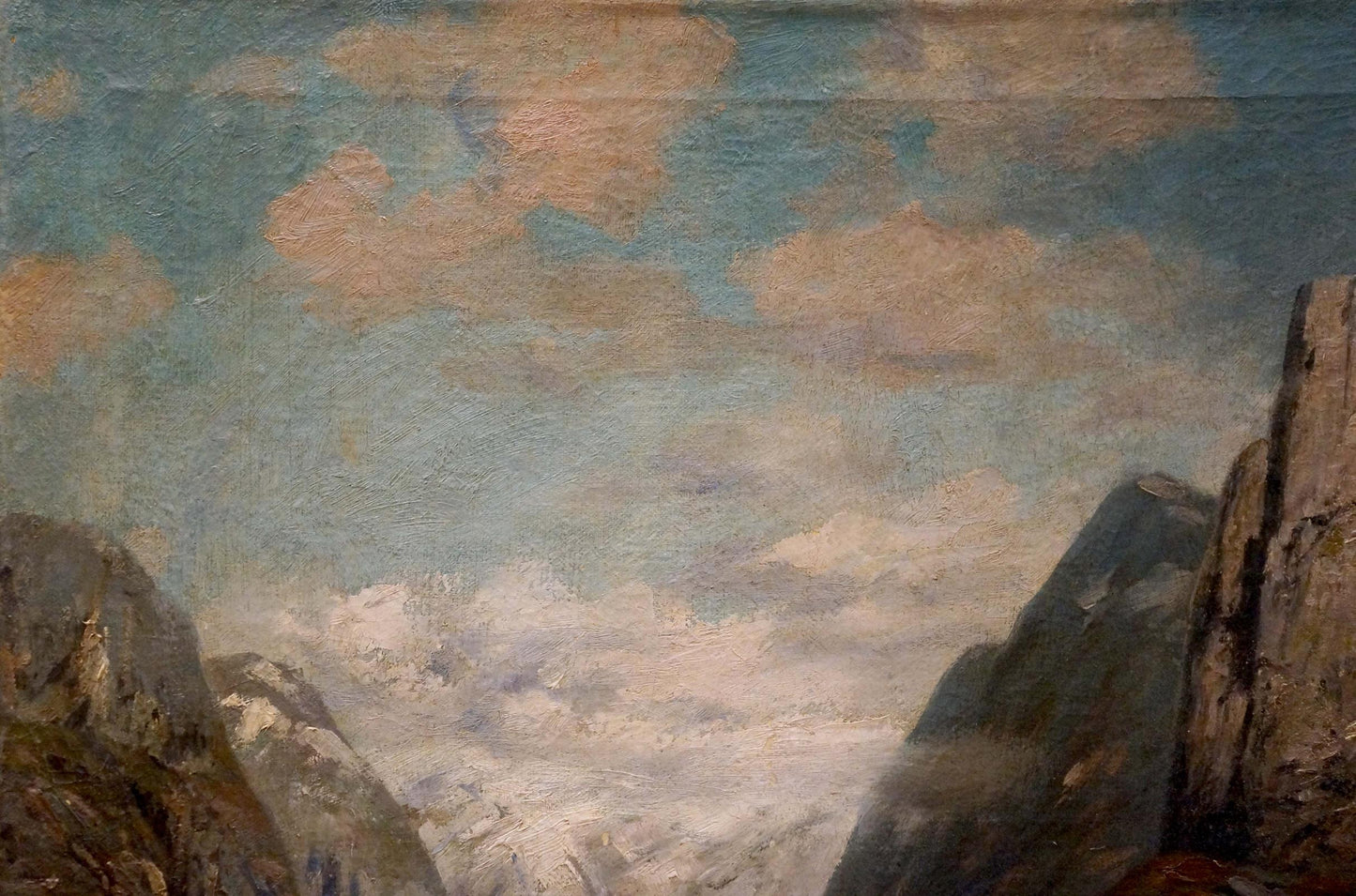 Oil painting Far Away Bjorensen O: textured mountains and impressionistic clouds