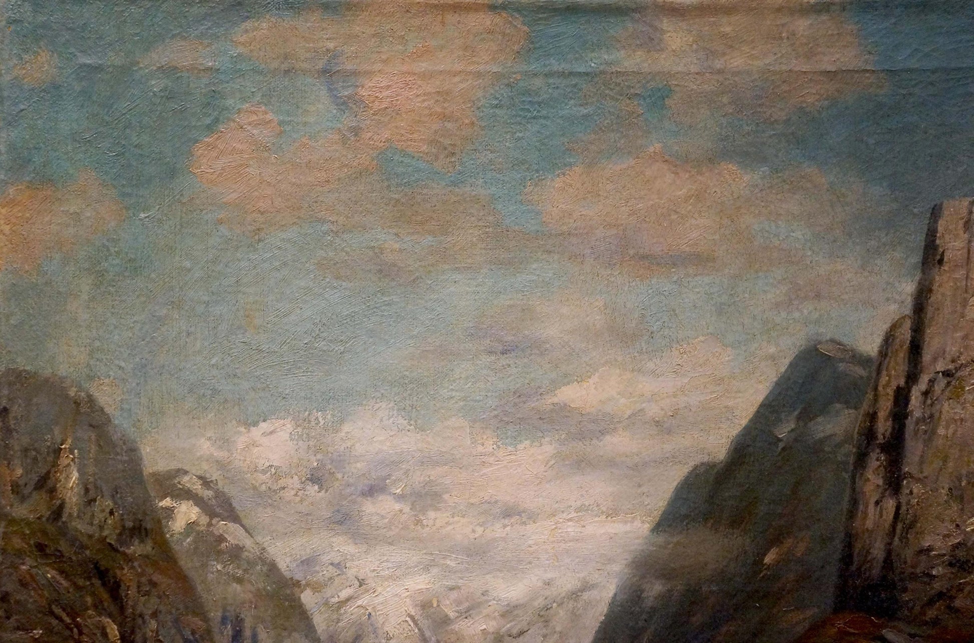 Oil painting Far Away Bjorensen O: textured mountains and impressionistic clouds