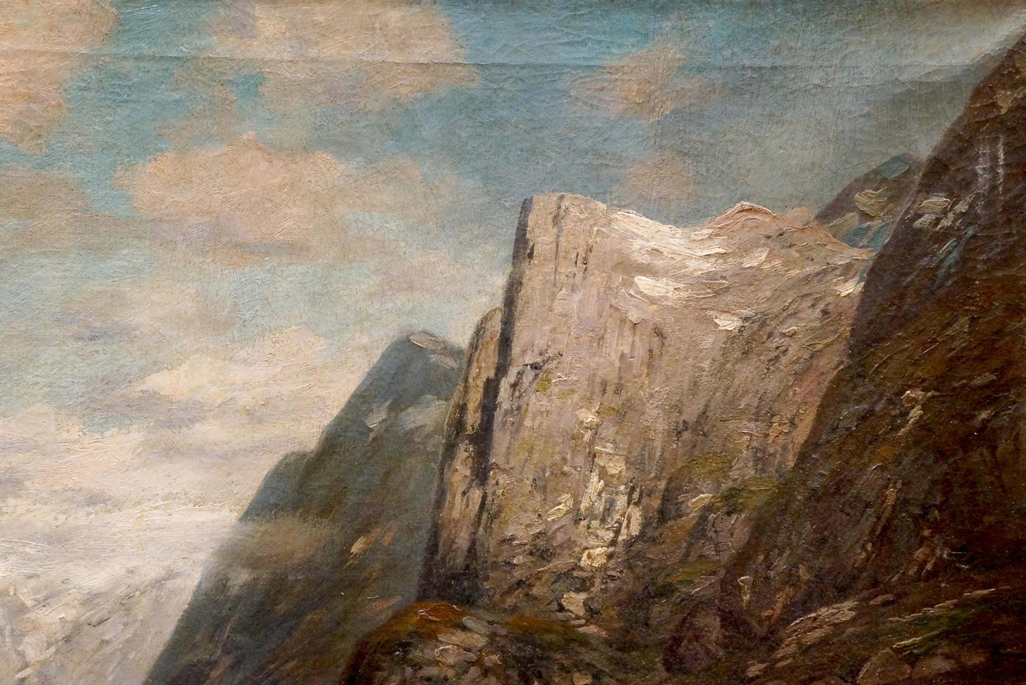 Textured oil painting Far away Bjorensen O of rugged snow-dusted mountain peaks