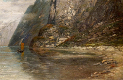 Oil painting Far away Bjorensen O: rowboat with yellow sail on calm water by rocky cliffs