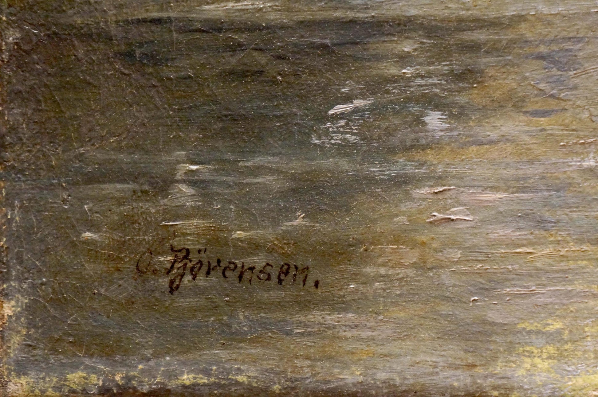 Back of oil painting Far away Bjorensen O. with textured canvas and c. signature