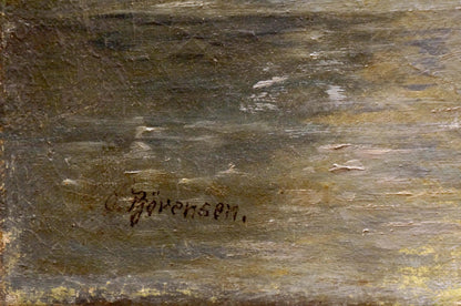 Back of oil painting Far away Bjorensen O. with textured canvas and c. signature