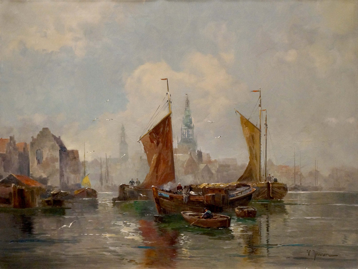 Oil painting Amsterdam V. Jensen: harbor with brown-yellow sailboats