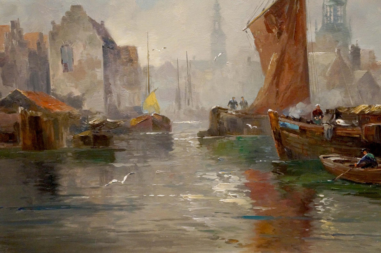 Oil painting Amsterdam V. Jensen: misty canal with boats and brown sail