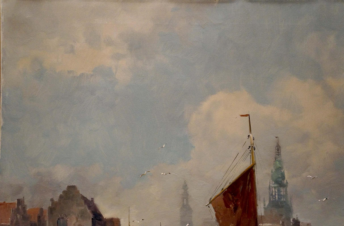 Oil painting of red sailboat by V. Jensen, Amsterdam historic buildings, cloudy sky