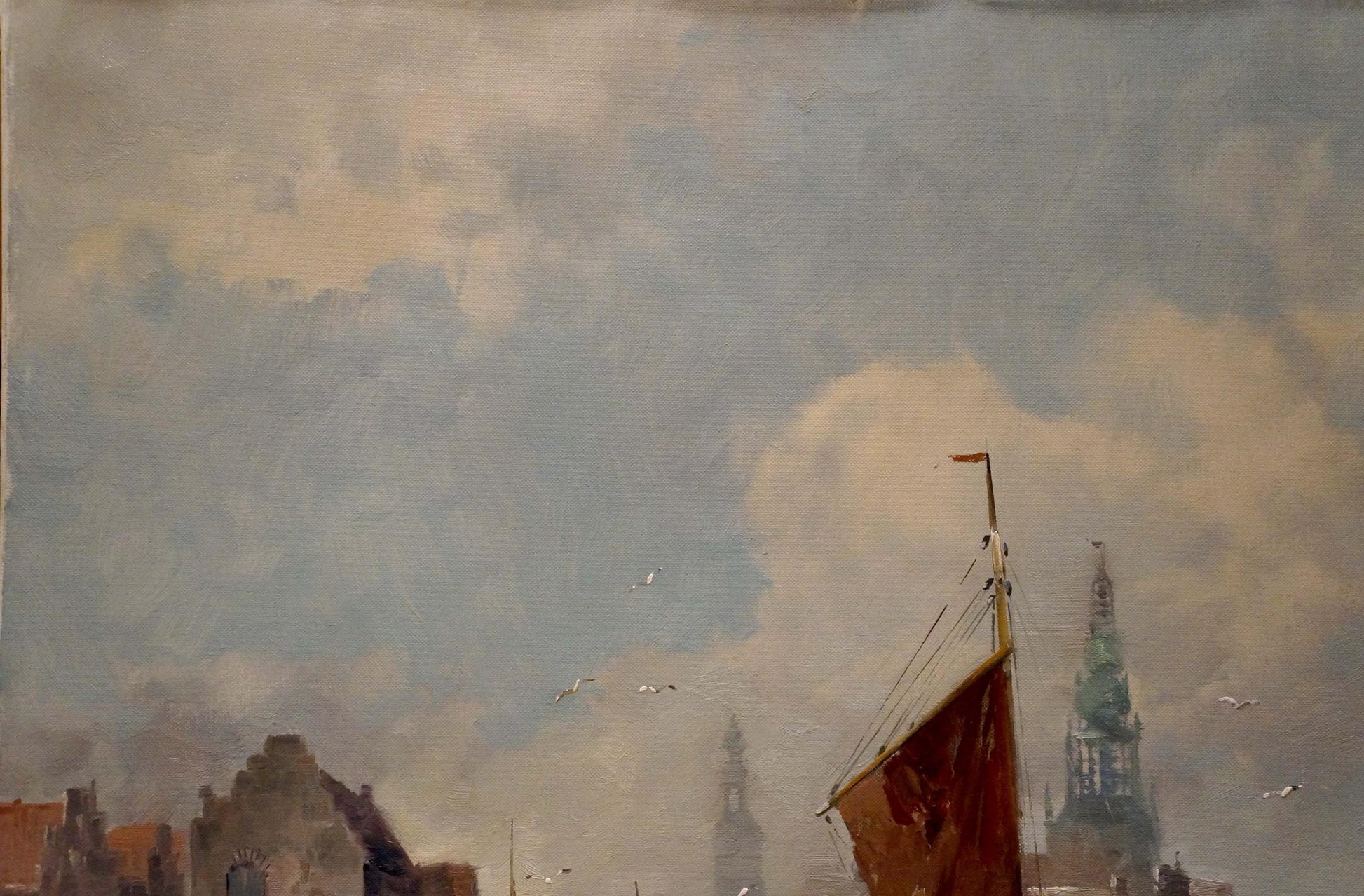 Oil painting of red sailboat by V. Jensen, Amsterdam historic buildings, cloudy sky
