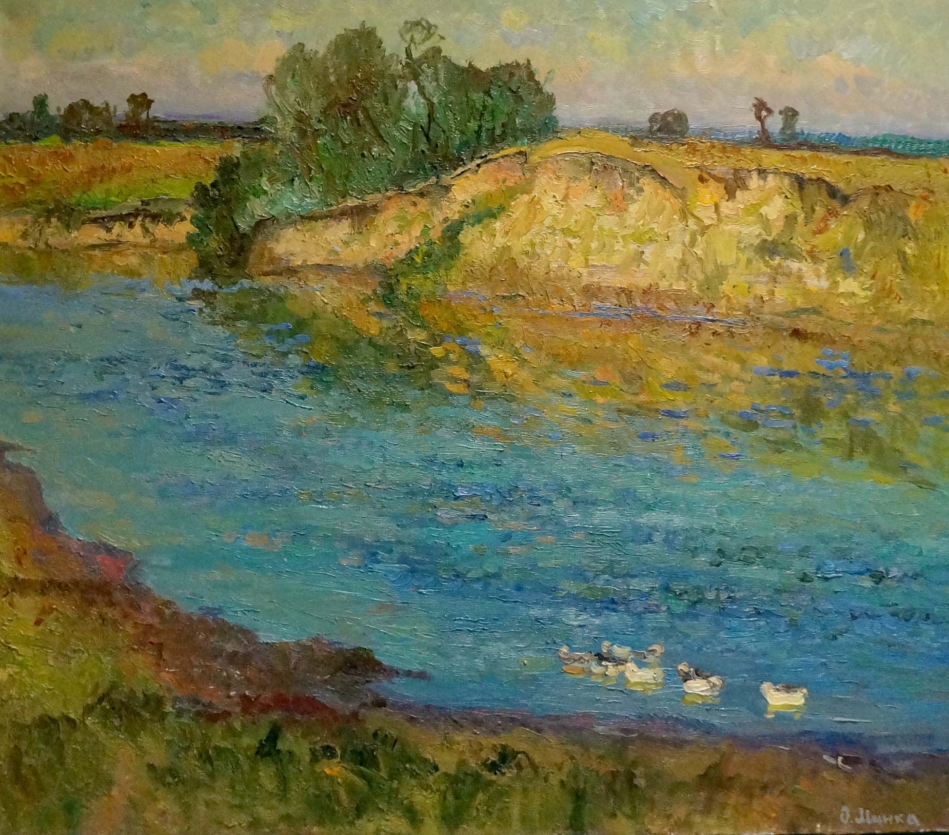 Serene impressionistic oil painting of ducks in river by Alexander Mynka
