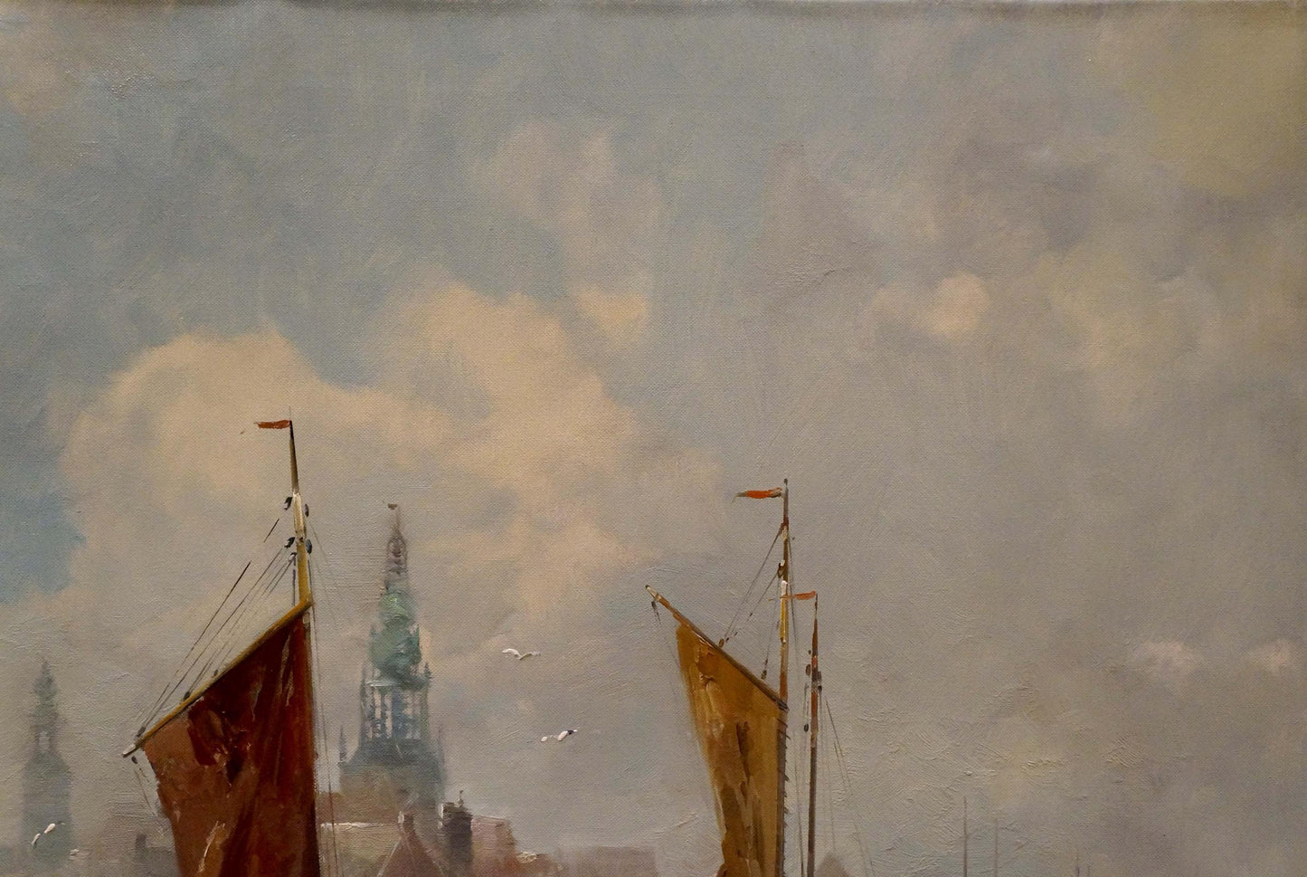 Oil painting Amsterdam V. Jensen: two ships with red gold sails, cloudy sky, green tower