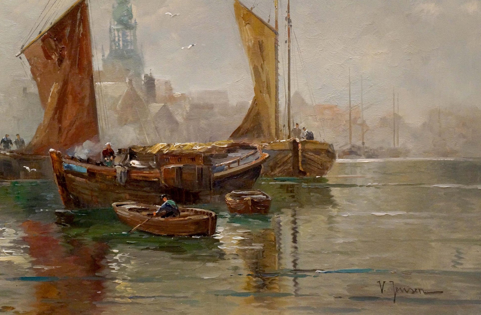 Oil painting Amsterdam V. Jensen: misty harbor with boats and church spire
