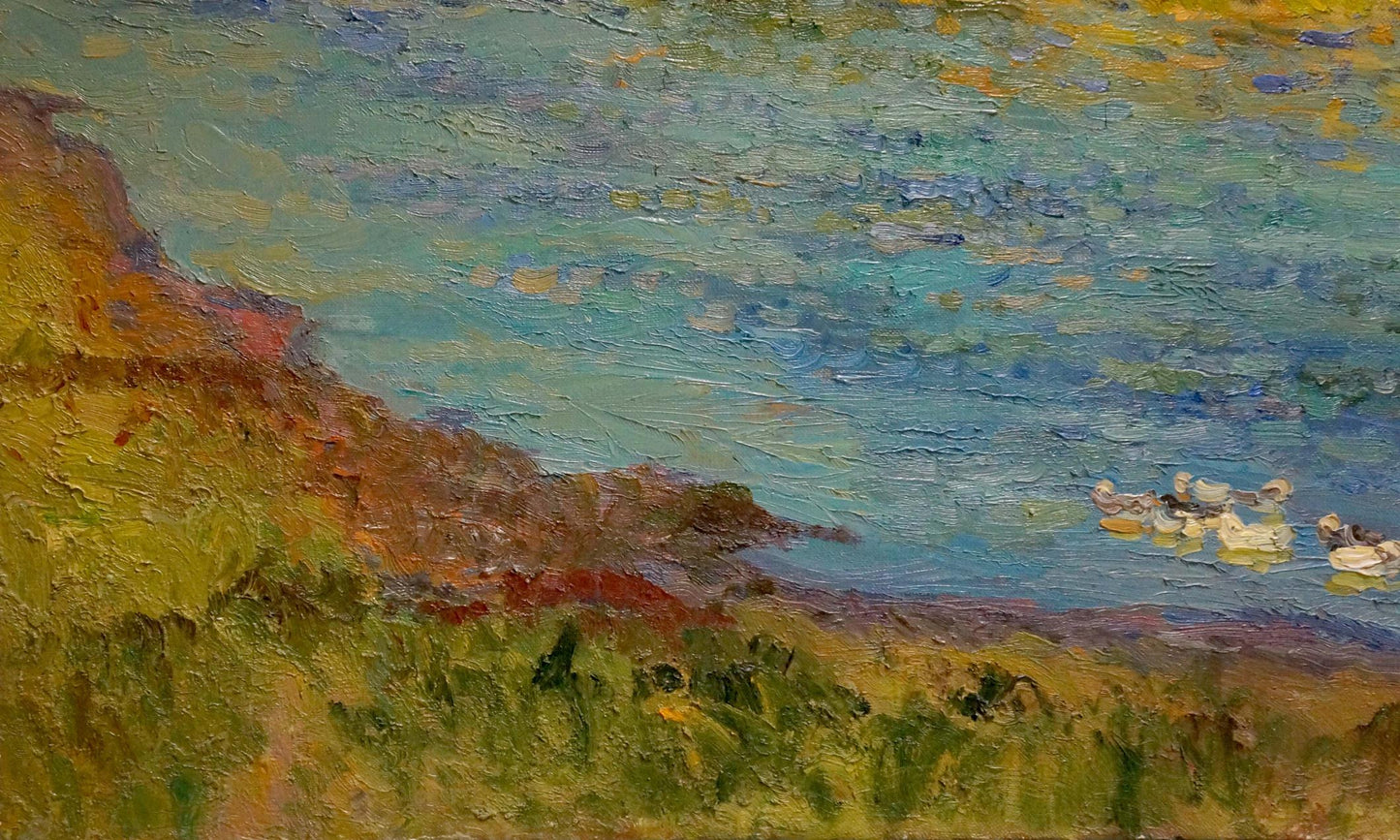 Oil painting Hot summer day by the river by Alexander Mynka impressionistic coastal scene