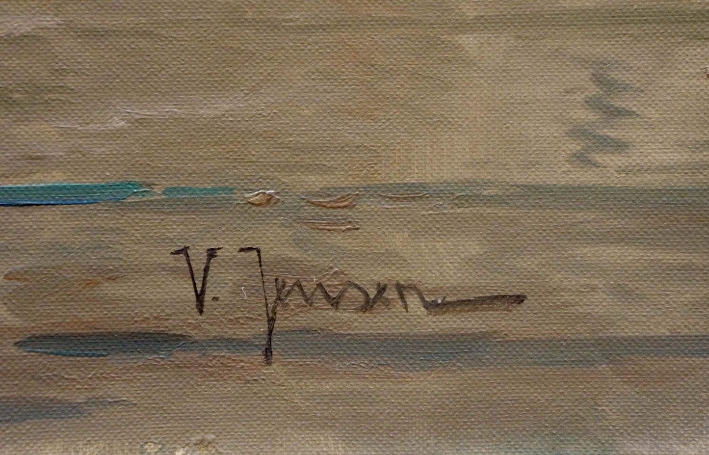 Handwritten signature on back of Oil painting Amsterdam V. Jensen canvas