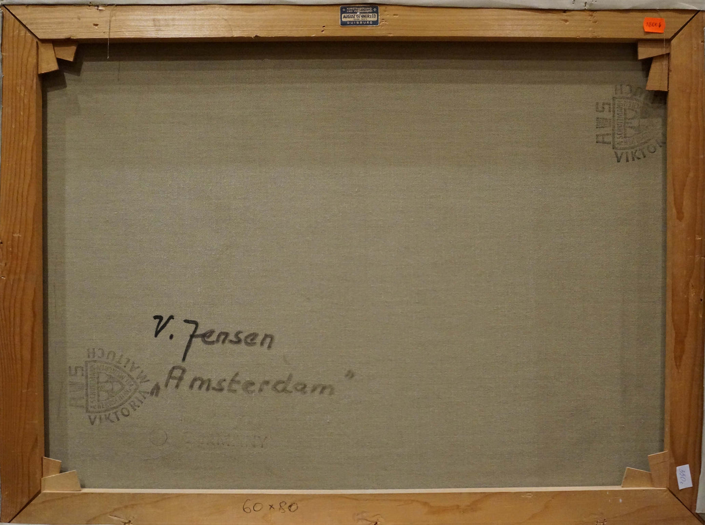 Back of Oil painting Amsterdam V. Jensen canvas with artist signature