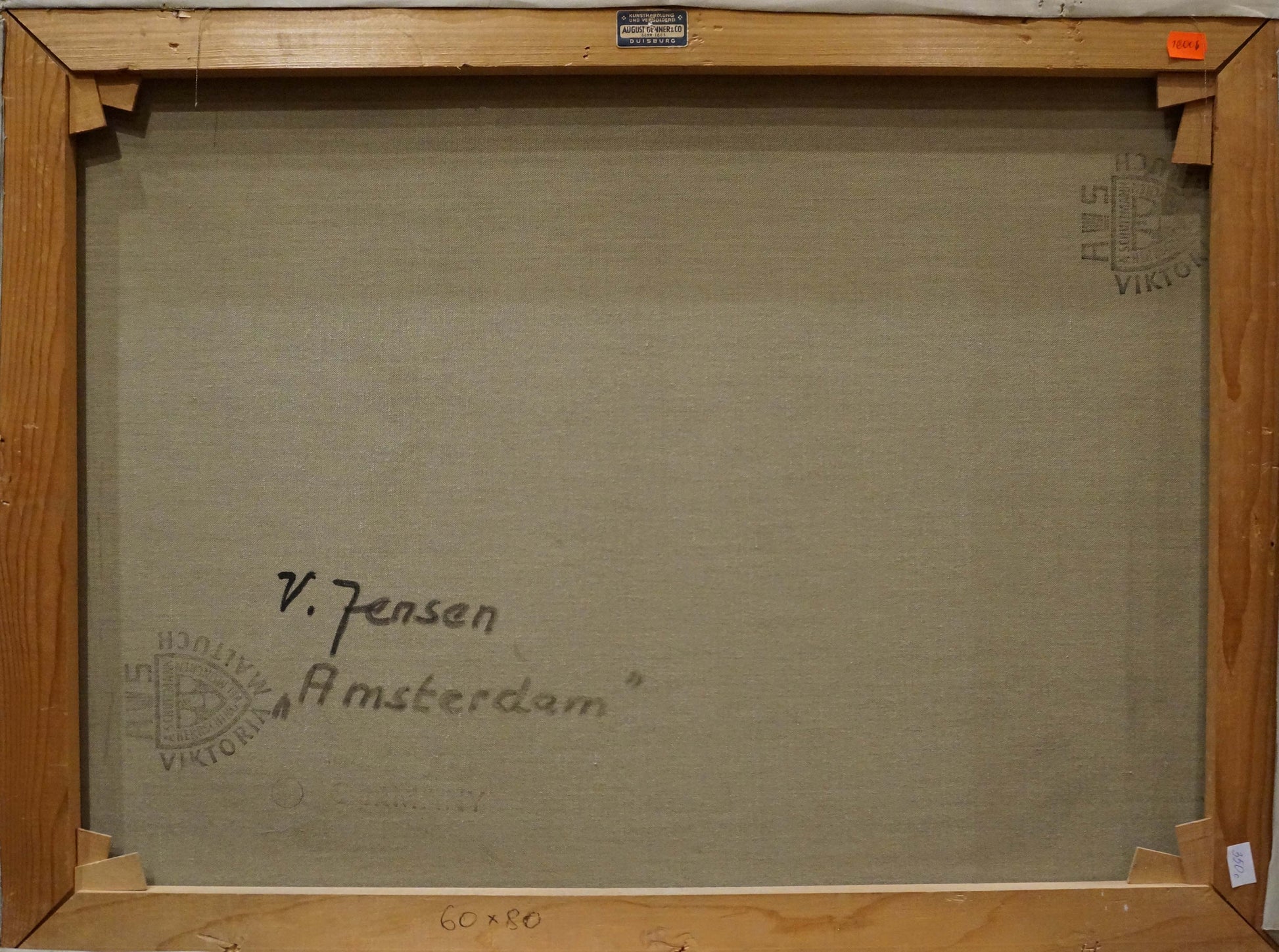 Back of Oil painting Amsterdam V. Jensen canvas with artist signature
