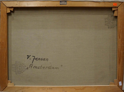 Back of Oil painting Amsterdam V. Jensen canvas with artist signature