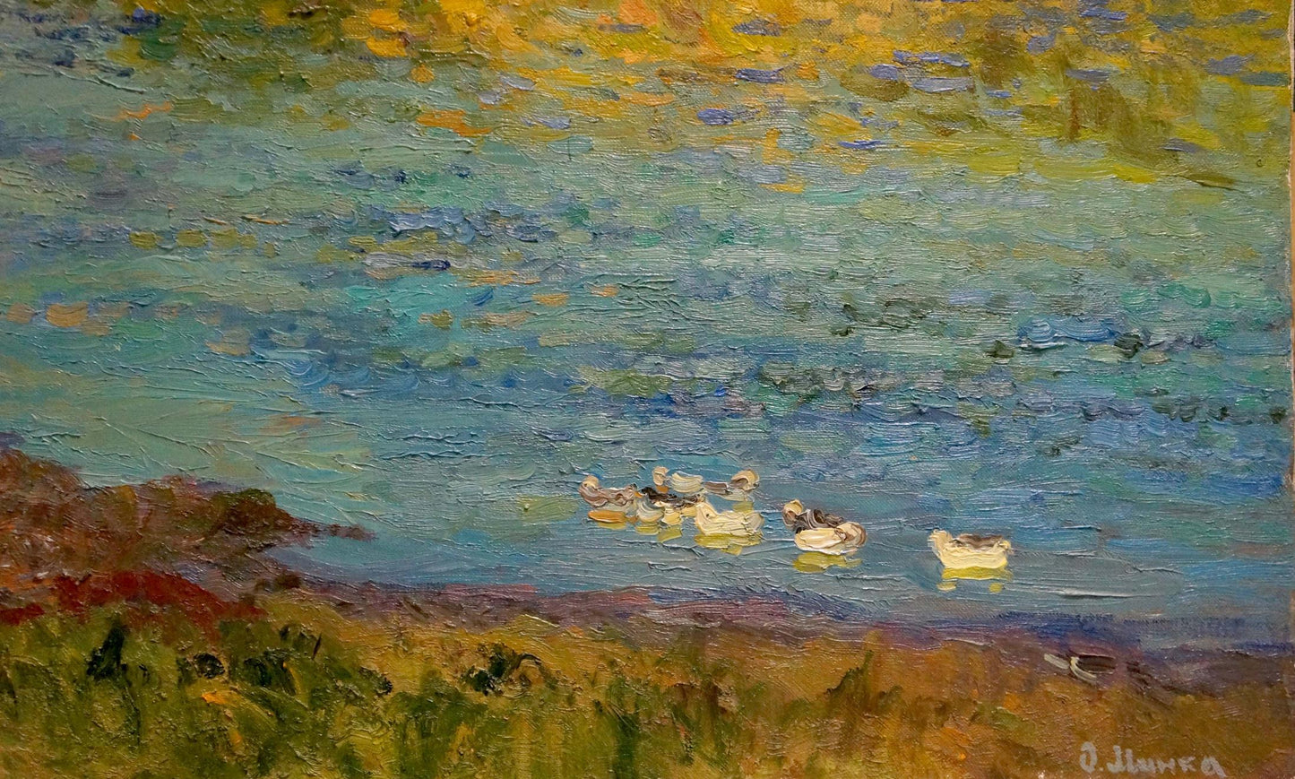 Oil painting Hot summer day by the river by Alexander Mynka: impressionistic ducks in blue-green water