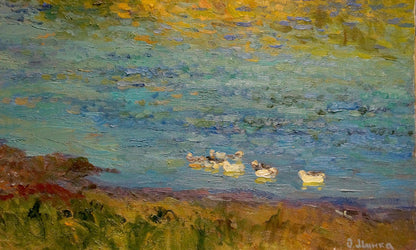 Oil painting Hot summer day by the river by Alexander Mynka: impressionistic ducks in blue-green water
