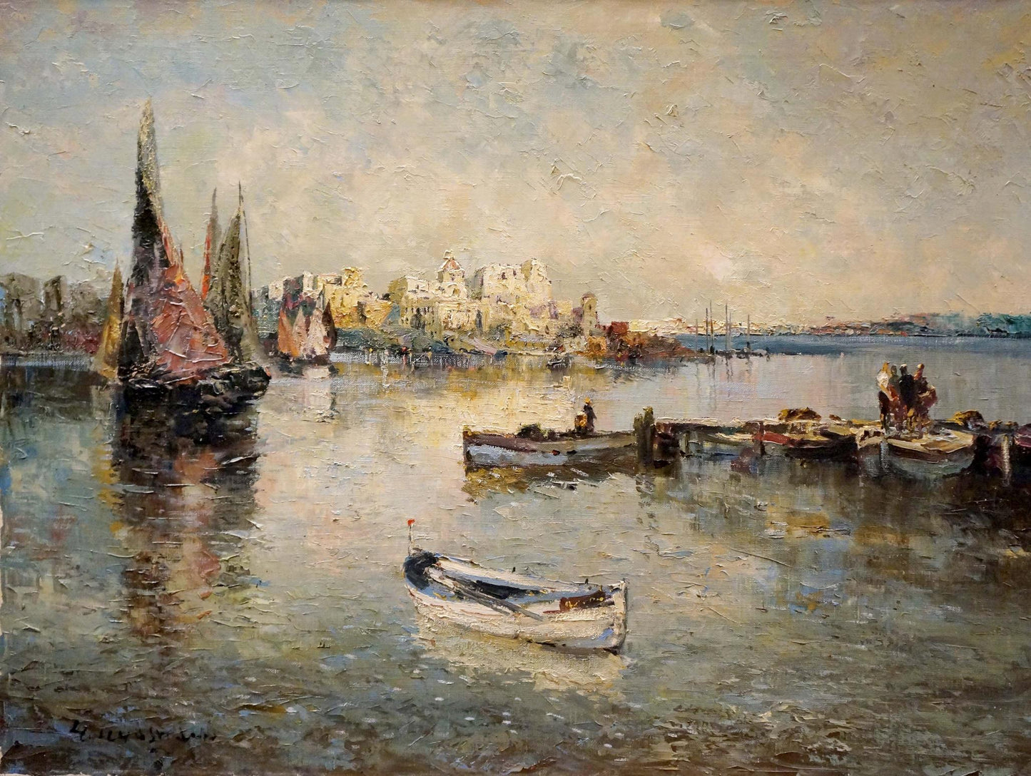 Oil painting Arrival in the City by Hochstein: textured harbor with sailboats