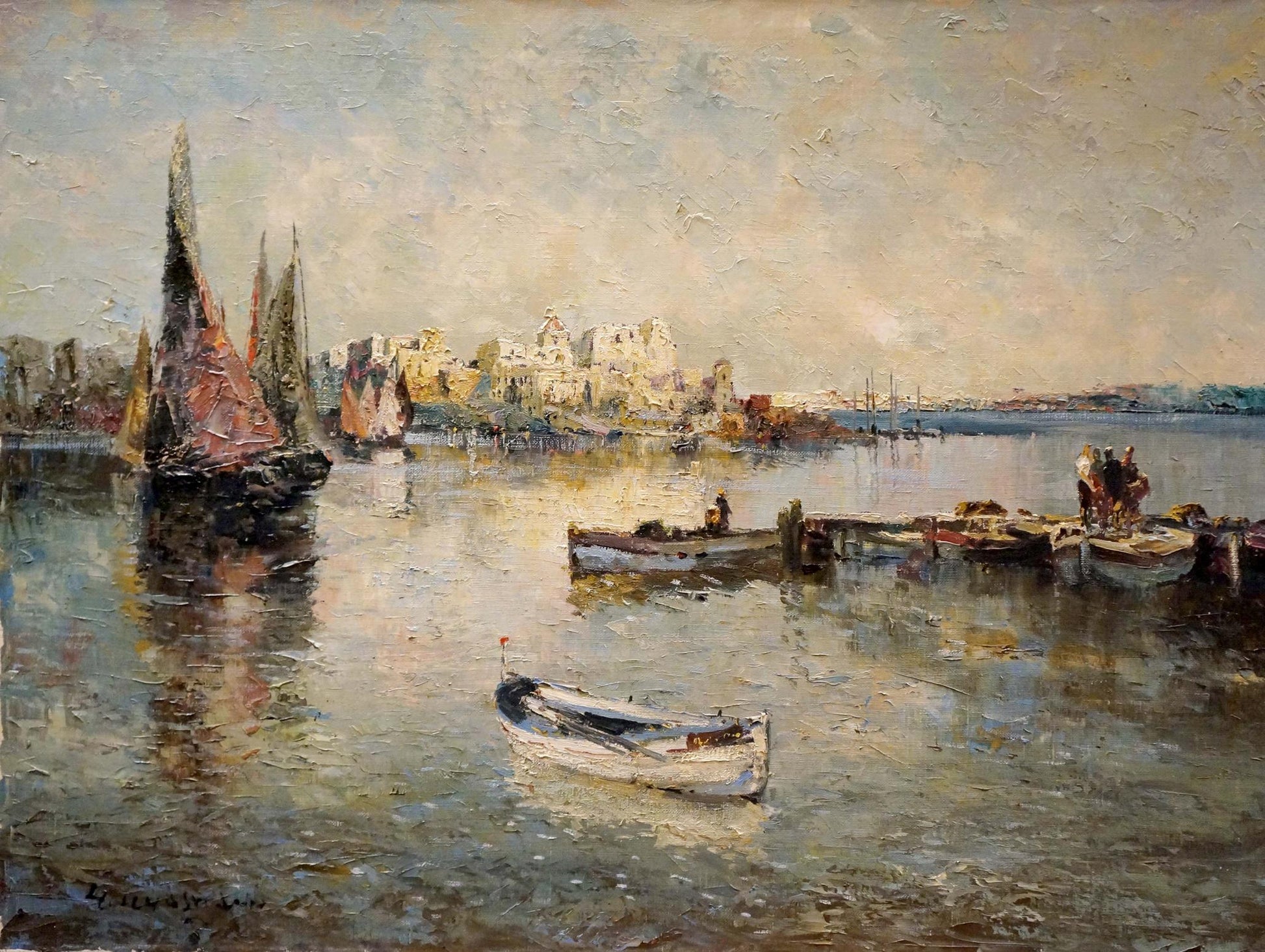 Oil painting Arrival in the City by Hochstein: textured harbor with sailboats