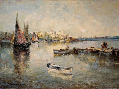 Oil painting Arrival in the City by Hochstein: textured harbor with sailboats