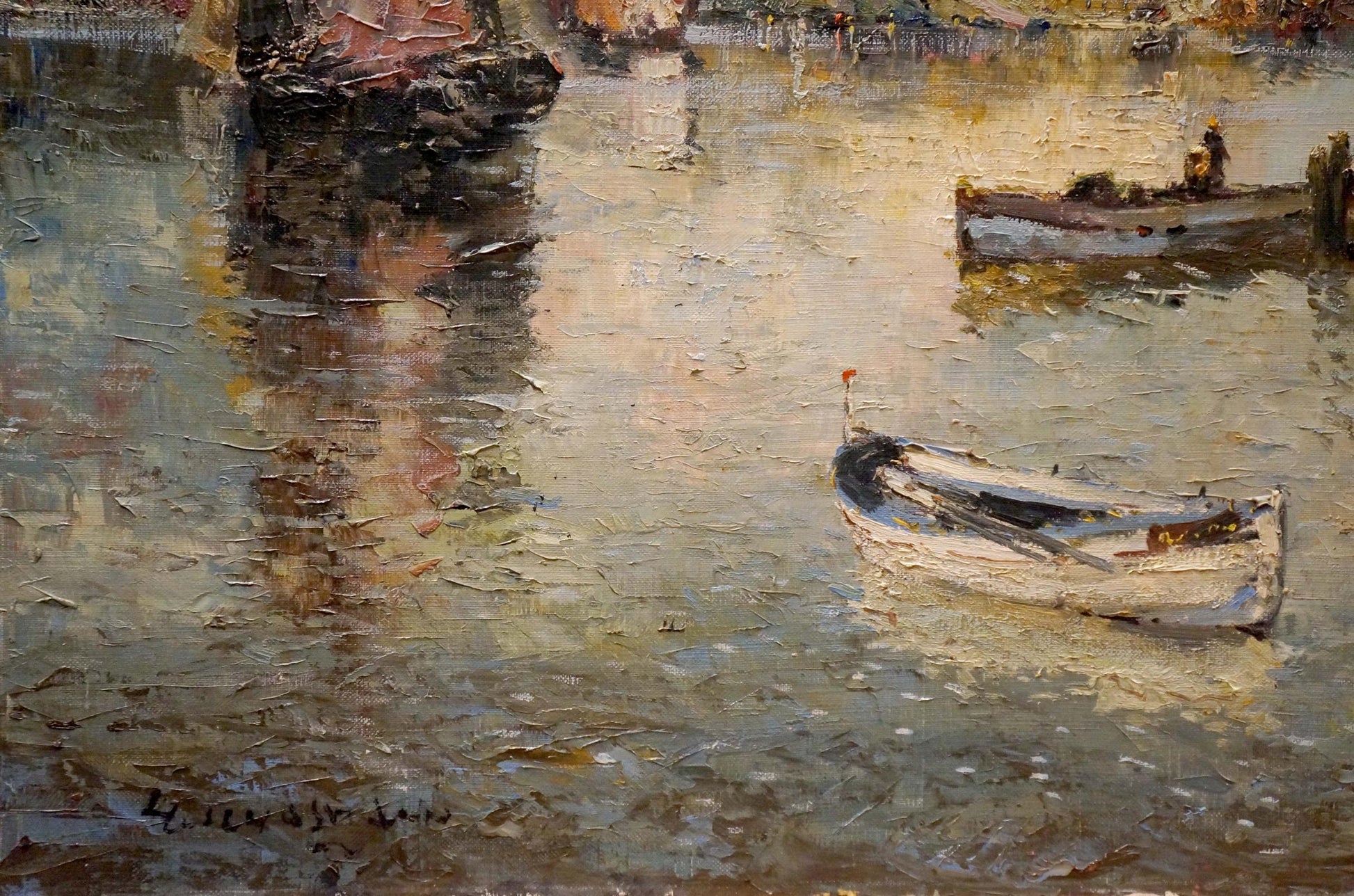 Oil painting Arrival in the city Hochstein A: weathered white rowboat with red flag in calm water