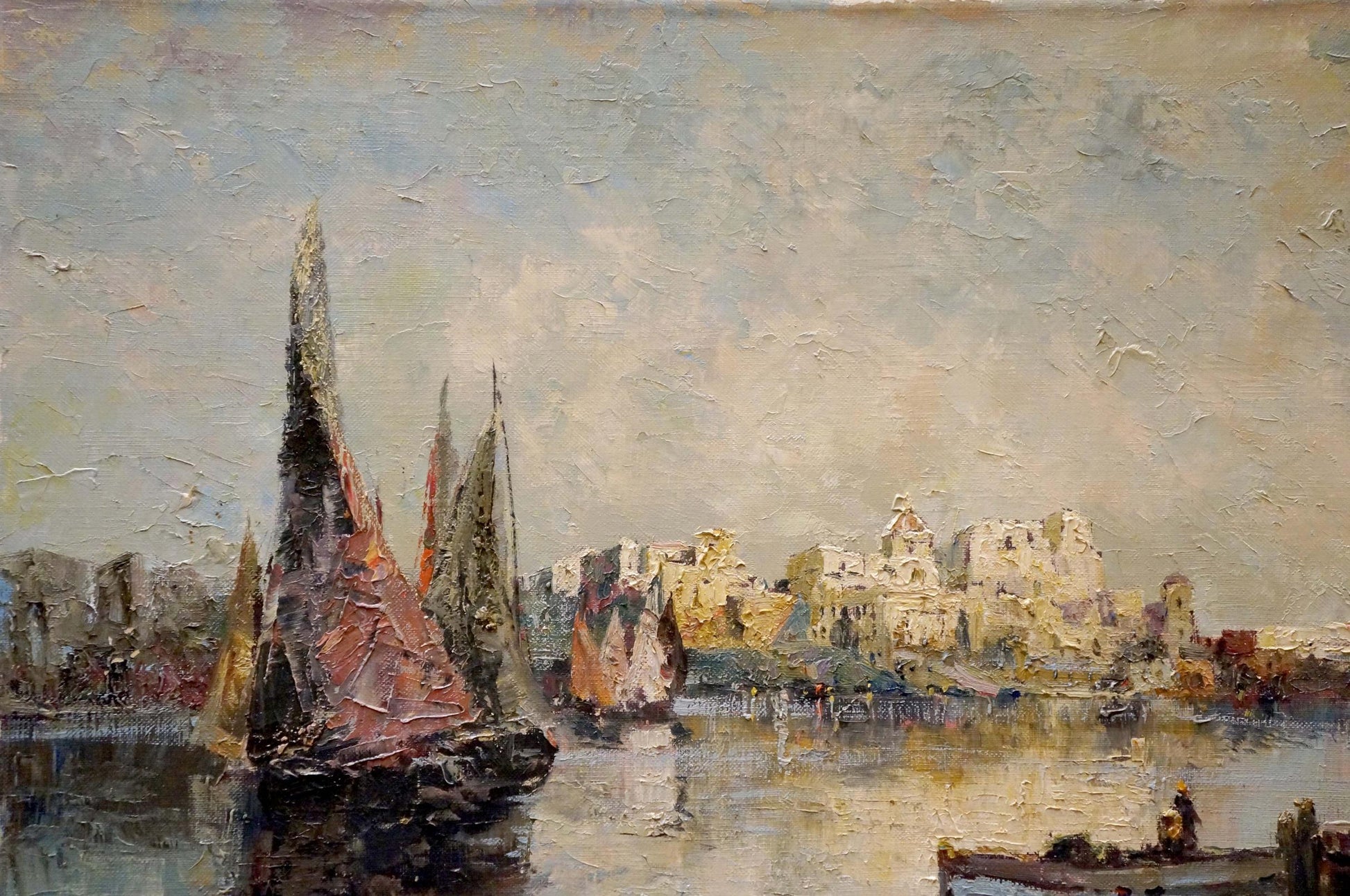 Oil painting Arrival in the City by Hochstein A with reddish sailboats