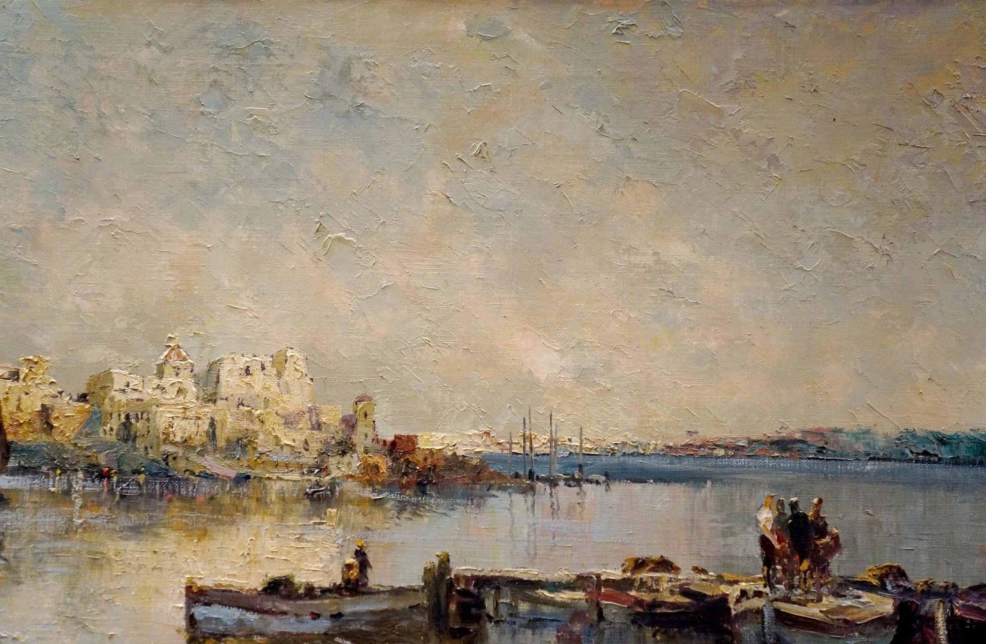 Impressionistic oil painting Arrival in the city by Hochstein A. Coastal town in muted blues