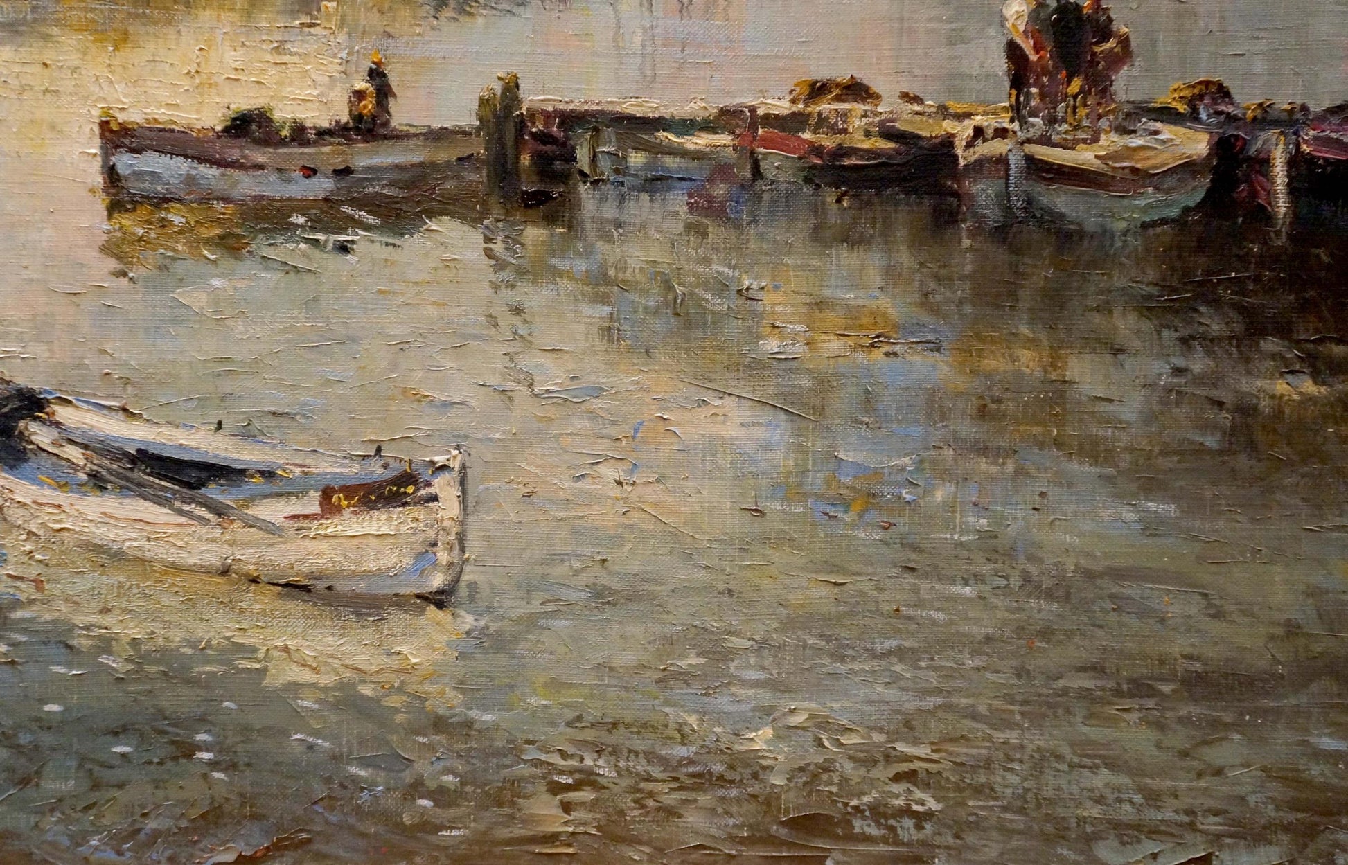 Oil painting Arrival in the city by Hochstein A: weathered white rowboat in calm water