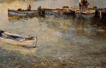 Oil painting Arrival in the city by Hochstein A: weathered white rowboat in calm water