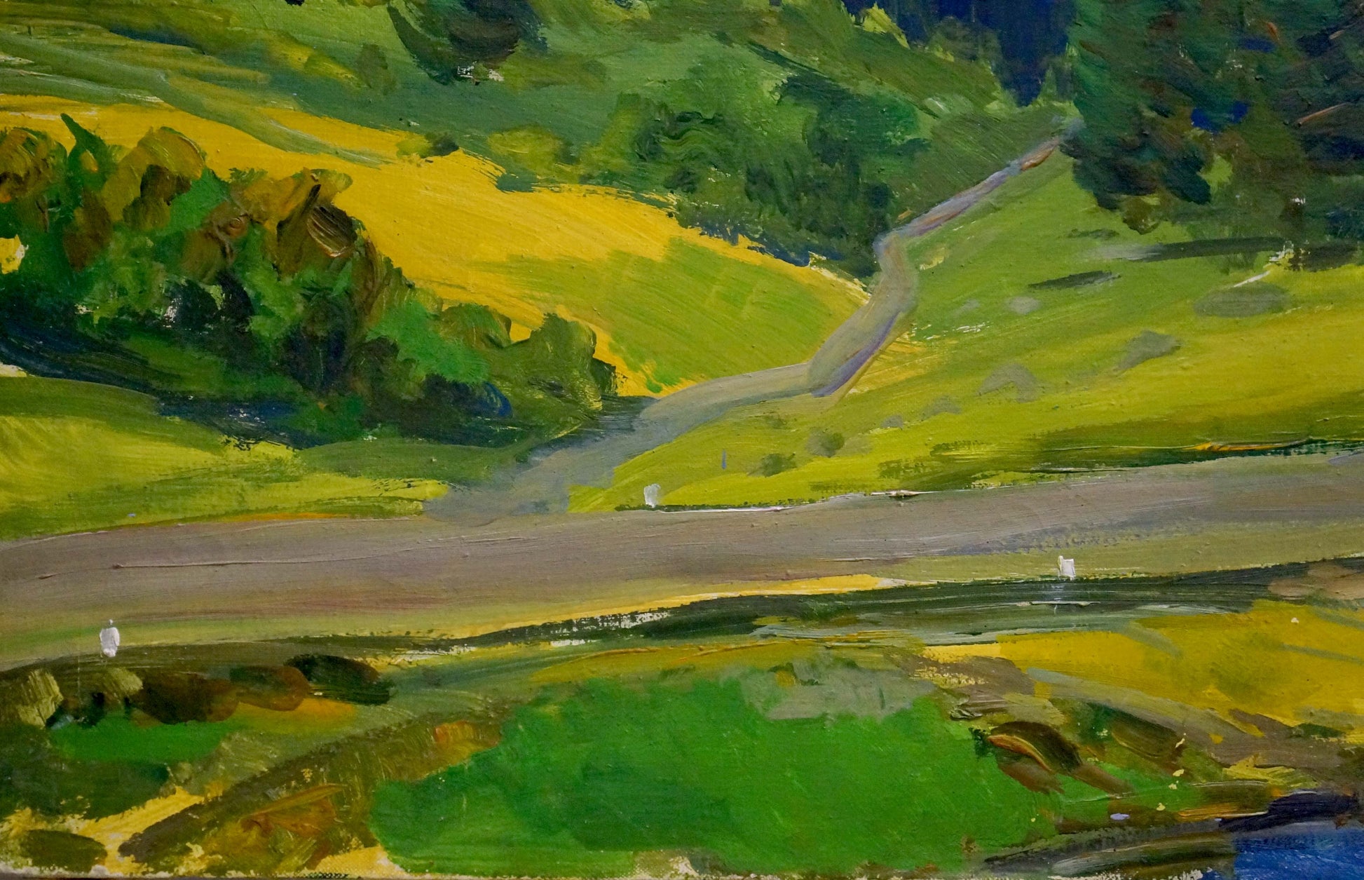 Vibrant impressionist oil painting of winding road through green hills by Kogan-Shats