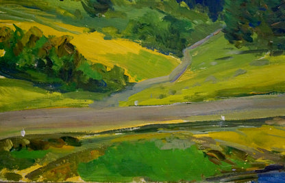 Vibrant impressionist oil painting of winding road through green hills by Kogan-Shats