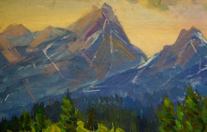 Oil painting of rugged blue-purple-brown mountain peaks by Kogan-Shats Matvey Borisovich under warm yellow sky